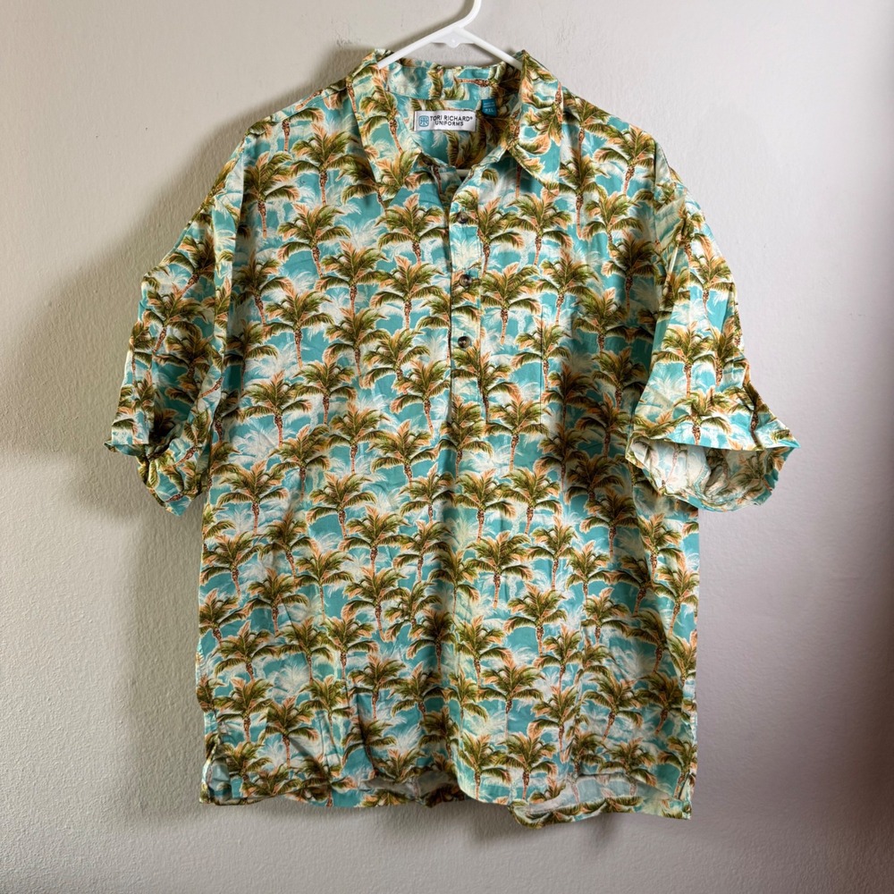 Tori Richard Uniforms Mens 2XL Teal Palm Tree Print Hawaiian Camp Shirt SS